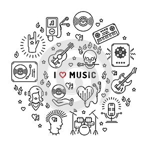 I love music line art icons, circle infographic