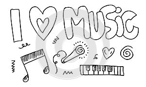 I Love Music with Music Notes,heart,microphone and Swirls on white background for concept design.