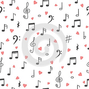 I love music. Music seamless pattern background. Hand drawn music notes and hearts