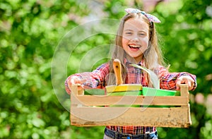 I love my job. little girl kid in forest. summer farm. Happy childhood. little girl with gardening tools. earth day