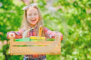 I love my job. little girl kid in forest. summer farm. Happy childhood. little girl with gardening tools. earth day