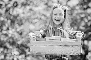 I love my job. little girl kid in forest. summer farm. Happy childhood. little girl with gardening tools. earth day