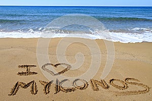 I Love Mykonos written on the beach