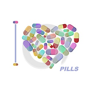 I love pills. Heart symbol of medicine. Vector illustration medi