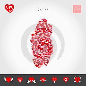 I Love Qatar. Red Hearts Pattern Vector Map of Qatar. Love Icon Set