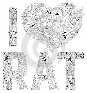 I love rat with a drawing of a rat. Hand Drawn lace vector illustration for coloring