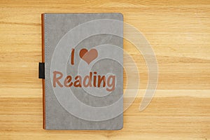 I love reading message with gray leather book with heart