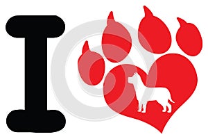 I Love With Red Heart Paw Print With Claws And Dog Silhouette Logo Design