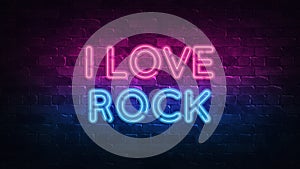 I Love Rock neon sign. purple and blue glow. neon text. Brick wall lit by neon lamps. Night lighting on the wall. 3d