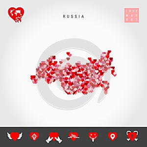 I Love Russia. Red Hearts Pattern Vector Map of Russia. Love Icon Set