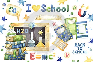 I love school whimsical watercolor clip art including chalk board, stack of books and chemistry glassware composition, notebooks