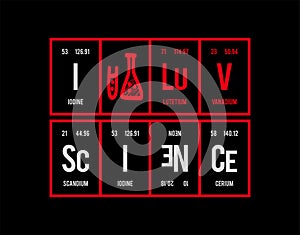 I Love Science - Periodic Table of Elements on black background in vector illustration