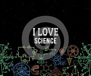 I love science. Seamless border with vintage scientific equipment, formulas and elements on grunge background. Design template for