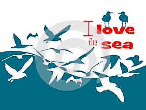I love the sea. Seagulls in the sea background. hand drawing. Not AI, Illustrat3. Summer vector illustration photo