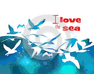 I love the sea. Seagulls in the sea background. hand drawing. Not AI, Illustrat3. Summer vector illustration photo