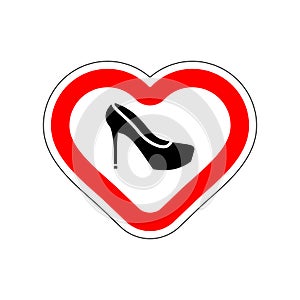 I love Shoes. I like women\'s shoes. Red road sign in shape of heart. Symbol of love on road