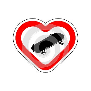I love Skateboarding. I like to skateboard. Red road sign in shape of heart. Symbol of love on road