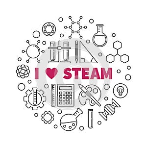 I Love STEAM vector creative concept round linear illustration