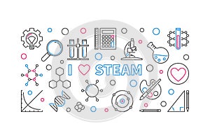 I Love STEAM vector outline horizontal banner or illustration