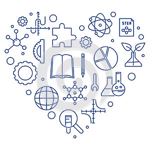I Love STEM heart shaped minimal line blue banner - Science concept linear illustration