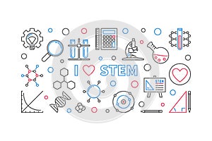 I Love STEM vector concept outline banner or illustration