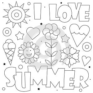 I love Summer. Coloring page. Vector illustration of the sun, flowers, and icecream