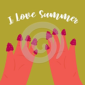 I love summer. Girls hand with rasberry on fingers