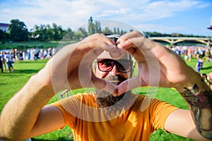 I love summer holiday festival.Hipster happy celebrate event picnic fest festival. Man bearded in front of crowd people