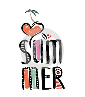I love summer inscription with palm, heart, Multicolored lettering illustration. Doodle style brushes. Hand drawn sketch