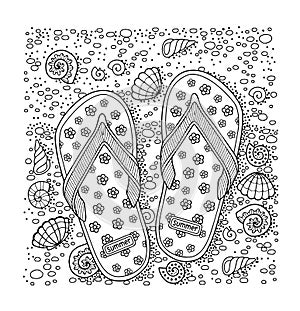 I love summer. Sea beach. Slippers, sand and shell. Hand drawn flip-flop sandal