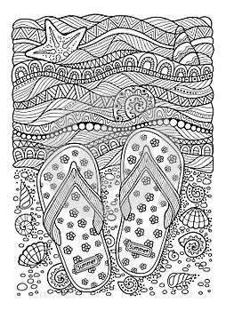 I love summer. Sea beach. Slippers, sand and shell. Hand drawn flip-flop sandal