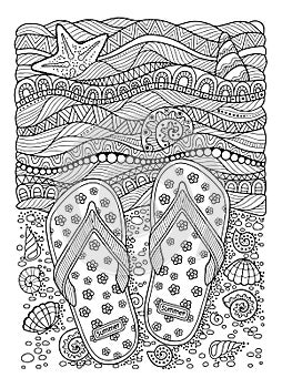 I love summer. Sea beach. Slippers, sand and shell. Hand drawn flip-flop sandal photo