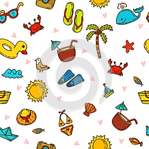 I love summer. Seamless summer pattern with hand drawn beach icons. Vector beach background. Summer print