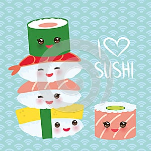 I love sushi. Kawaii funny sushi set with pink cheeks and big eyes, emoji. Blue background with japanese circle pattern. Vector