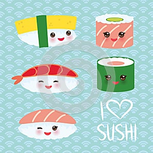 I love sushi. Kawaii funny sushi set with pink cheeks and big eyes, emoji. Blue background with japanese circle pattern. Vector