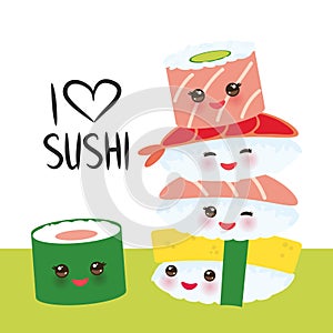 I love sushi. Kawaii funny sushi set with pink cheeks and big eyes, emoji isolated on white background. Vector