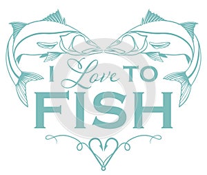 I love to fish, heart shape fishing design with snook, hooks, and text