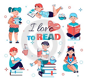 I love to read - children education poster with cartoon kids reading books