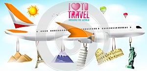 I Love to Travel Text with Flying Airplane with Hanging Vector Famous Landmarks