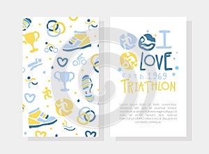 I Love Triathlon Card Template, Marathon, Competition, Championship, Sports Club Invitation, Banner, Poster, Logo Hand