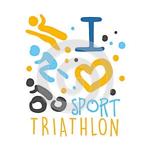 I love triathlon sport logo. Colorful hand drawn illustration