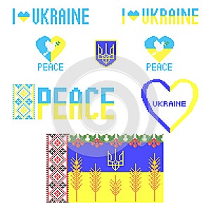 I love Ukraine, Peace, Ukrainian symbols cross stitch embroidery, vector