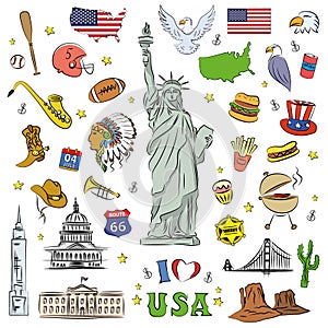 I love USA . Hand drawn doodle elements, objects or icon