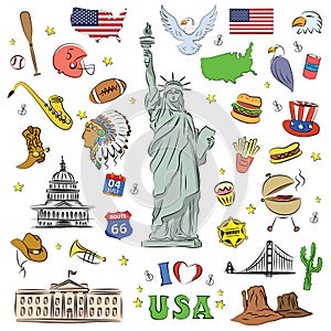 I love USA . Hand drawn doodle elements, objects or icon.