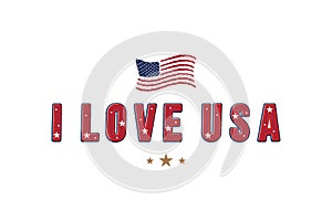 I love USA. Patriotic font lettering in American style with country flag for prints on clothes and souvenirs. Flat