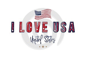 I love USA. Patriotic font lettering in American style with country flag for prints on clothes and souvenirs. Flat