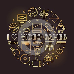 I Love Video Games vector golden round linear illustration