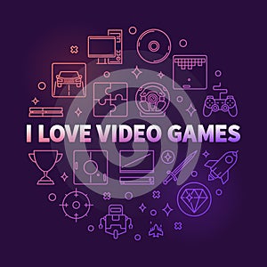 I Love Video Games vector round colorful outline illustration