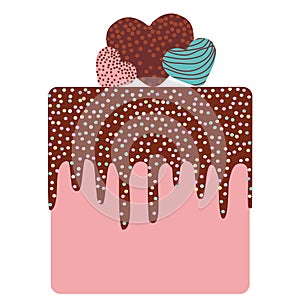 I love you Card design - Birthday, valentine`s day, wedding, engagement. Sweet cake, strawberry pink cream chocolate icing sprink