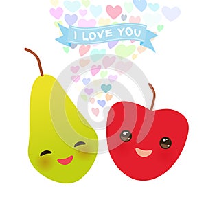 I love you Card design with Kawaii apple and pear with pink cheeks
